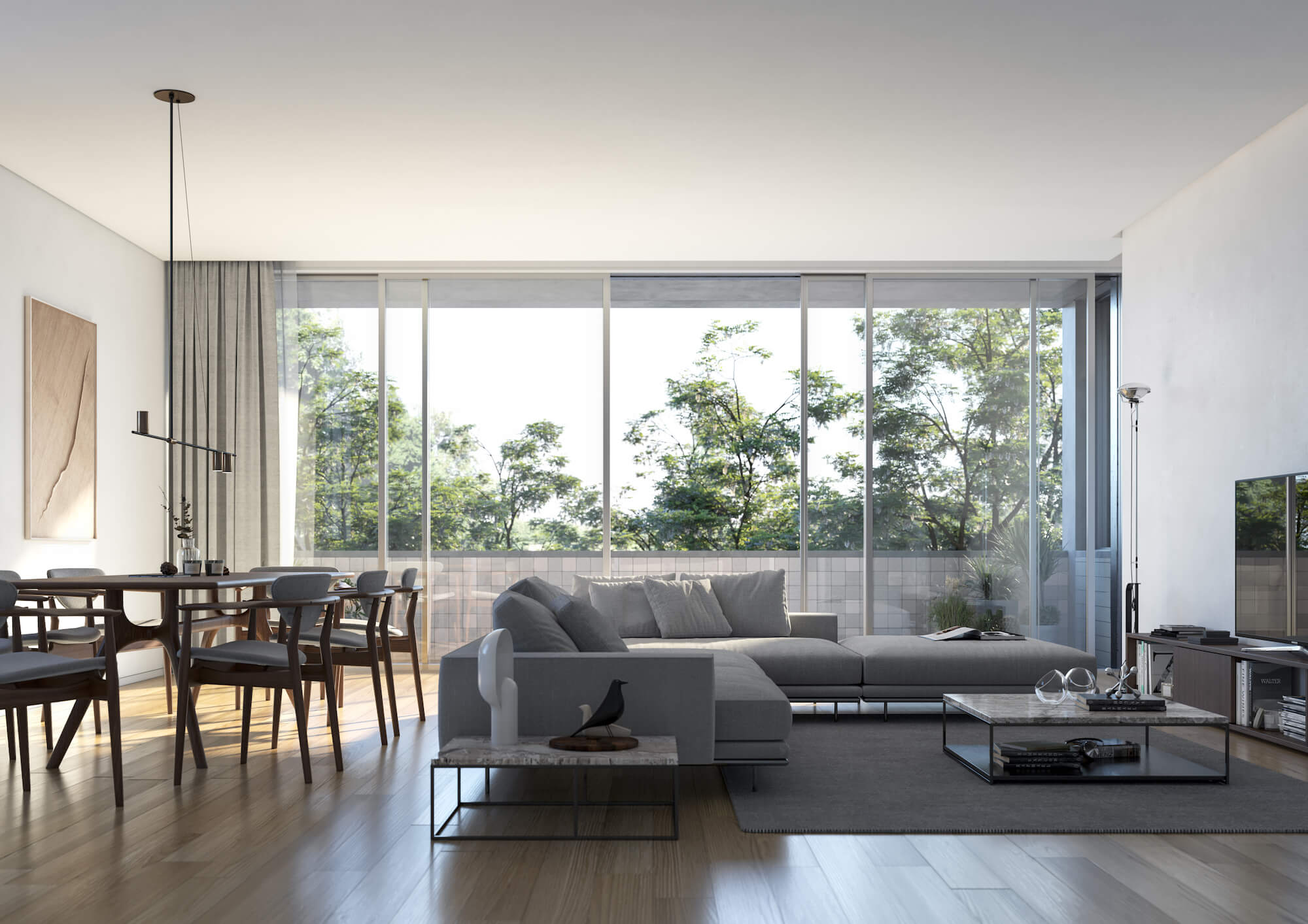 Sala de estar e sala de jantar moderna com grandes janelas oferecendo luz natural num apartamento no Varandas do Parque, São João da Madeira